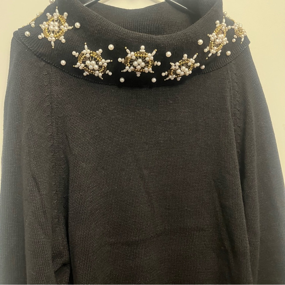 Vintage SML Sport Black Turtleneck Sweater Dress with Pearl Snowflake Accents